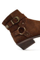 Woman Tan Zippered Suede Leather Cowboy Boots | Derimod