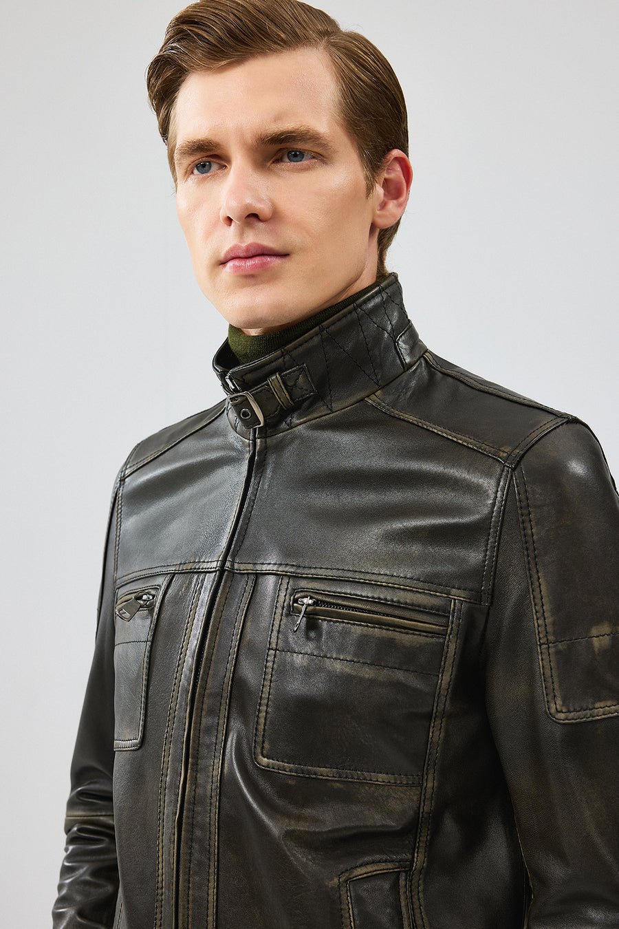 Wade Erkek Yeşil Slim-Fit Deri Mont