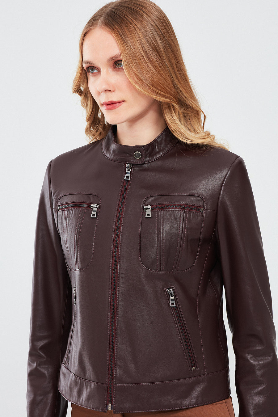 Alison Women's Claret Red Short Leather Jacket