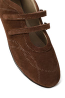 Woman Brown Double-Strap Suede Leather Ballet Flat | Derimod