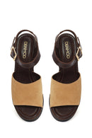 Woman Beige Ankle-Strap Buckled Thick-Heeled Suede Leather Sandals | Derimod