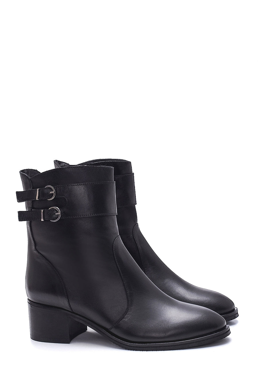 Women's Leather Double Buckle Medium Heel Boots