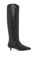 Women's Black Thin Short Heeled Leather Boots | Derimod