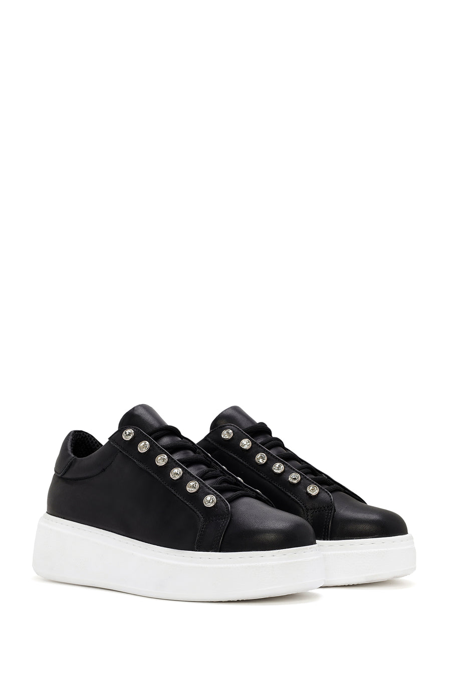 Women's Black Stone Laced Thick Soled Leather Sneakers