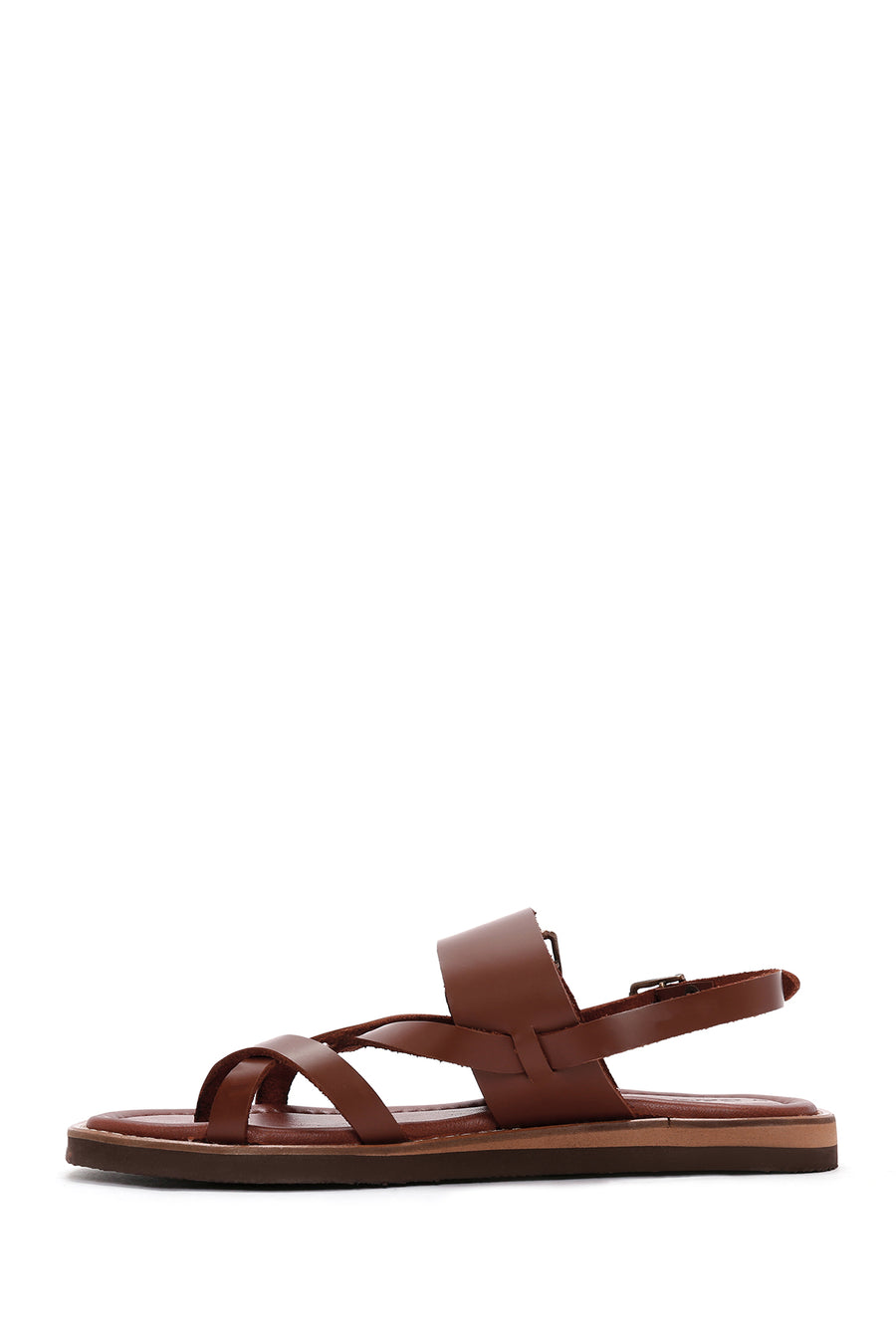 Women's Brown Ankle Buckle Flip-Flop Leather Sandals