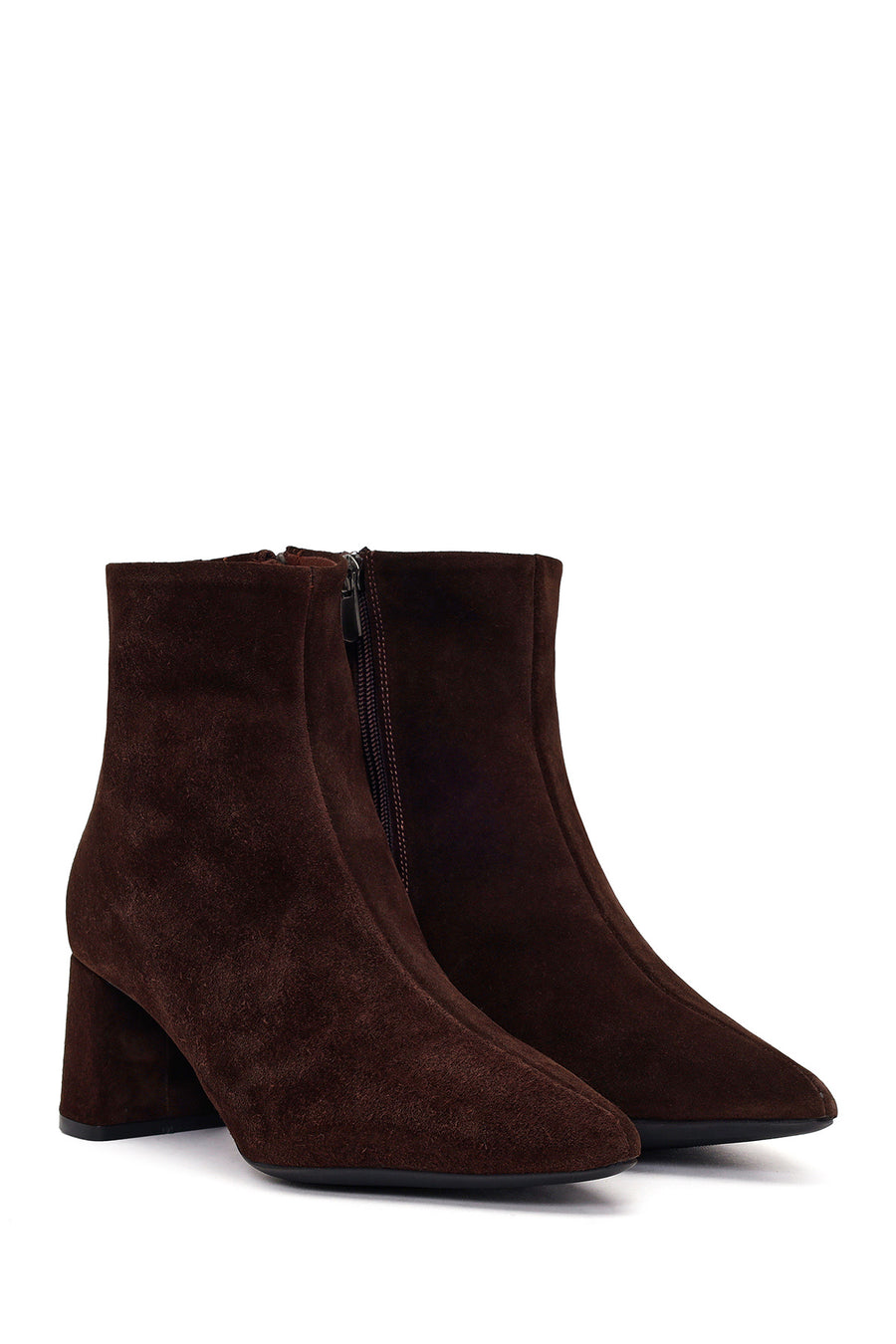 Woman Brown Zip Closure Chunky-Heeled Suede Leather Boots