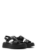 Women's Black Ankle Buckle Thick Soled Leather Comfort Sandals | Derimod