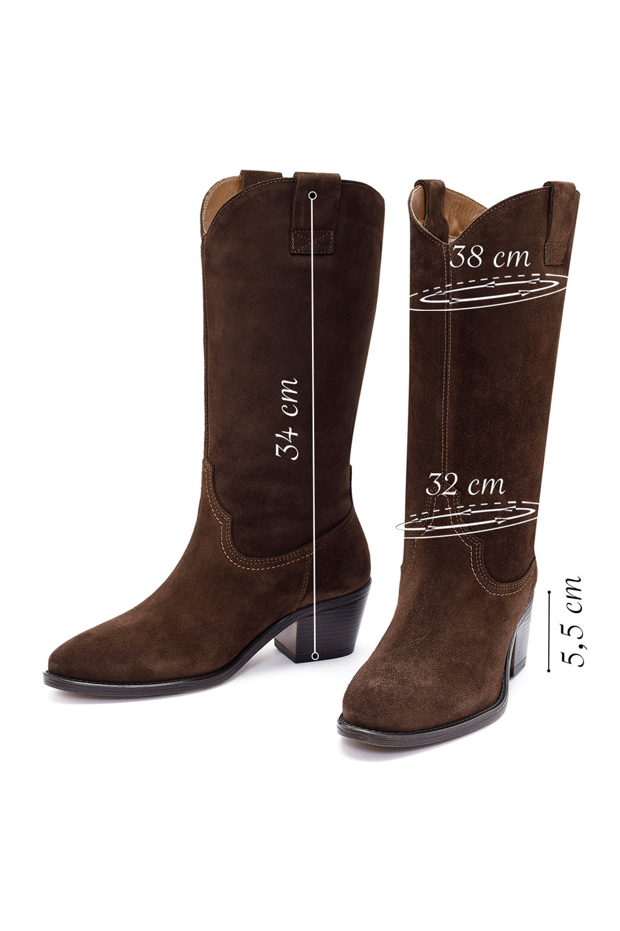 Woman Brown Chunky Heel Suede Leather Cowboy Boots