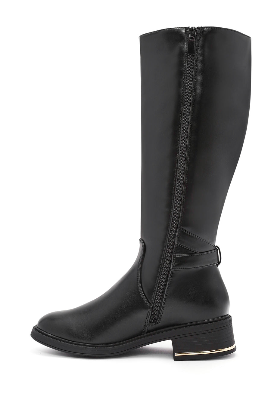 Woman Black Zip Closure Buckle Detailed Boots