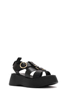 Women's Black Ankle Strap Thick Soled Leather Sandals | Derimod