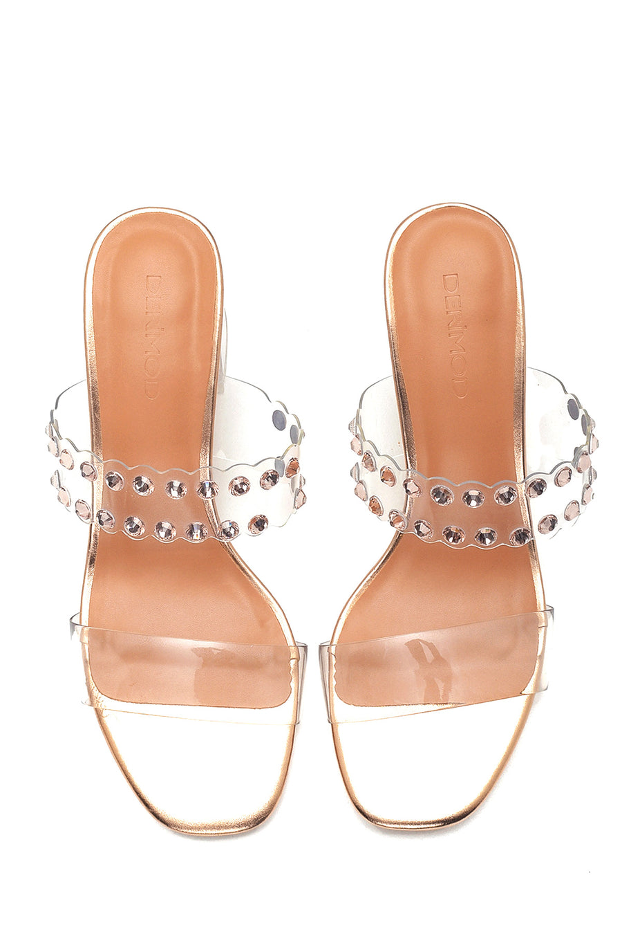 Women's Pink Gold Transparent Stone Heeled Slippers