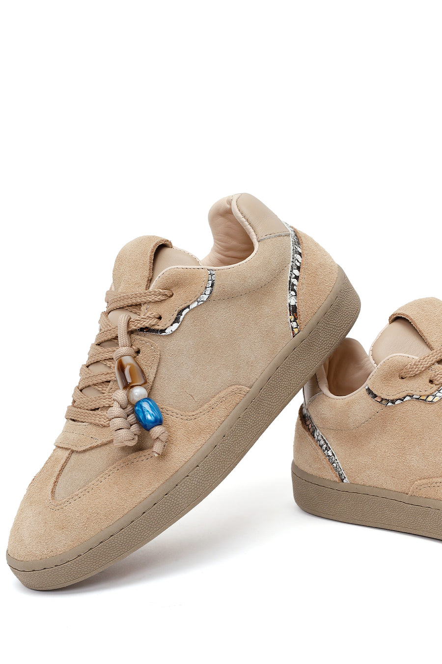 Woman Beige Lace-up Suede Leather Sneaker