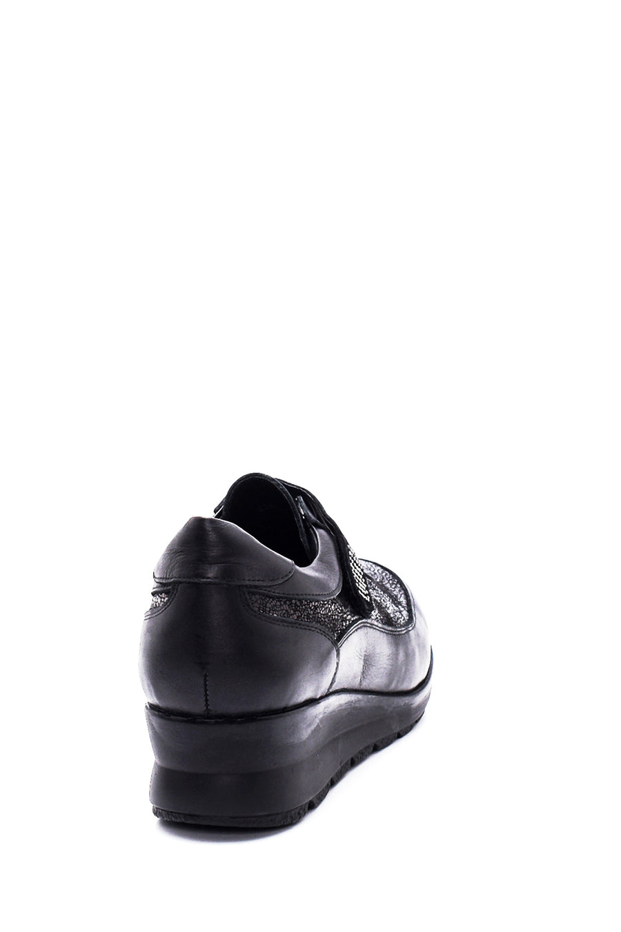 Women's Black Leather Stone Wedge Heeled Comfort Shoes
