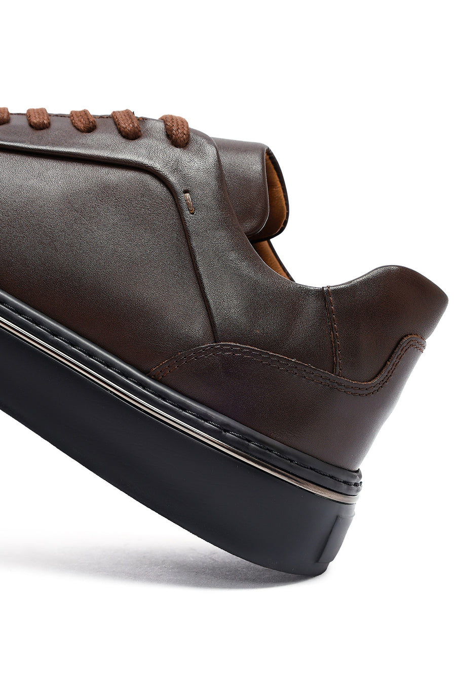 Men's Brown Lace-Up Thick-Soled Leather Sneakers