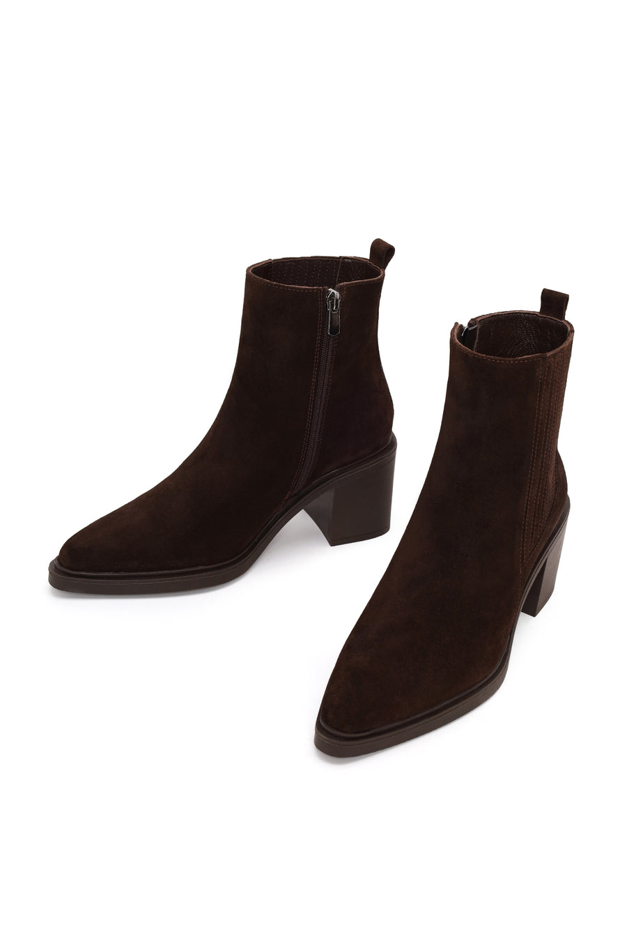 Woman Brown Zip Closure Chunky Heeled Suede Boots