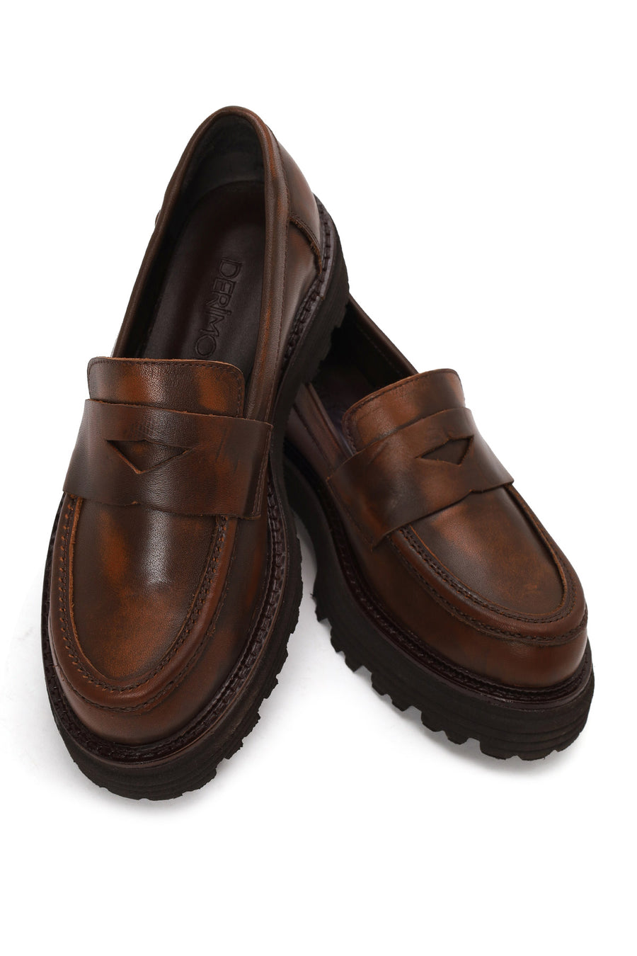 Kadın Kahverengi Kalın Tabanlı Deri Maskülen Loafer
