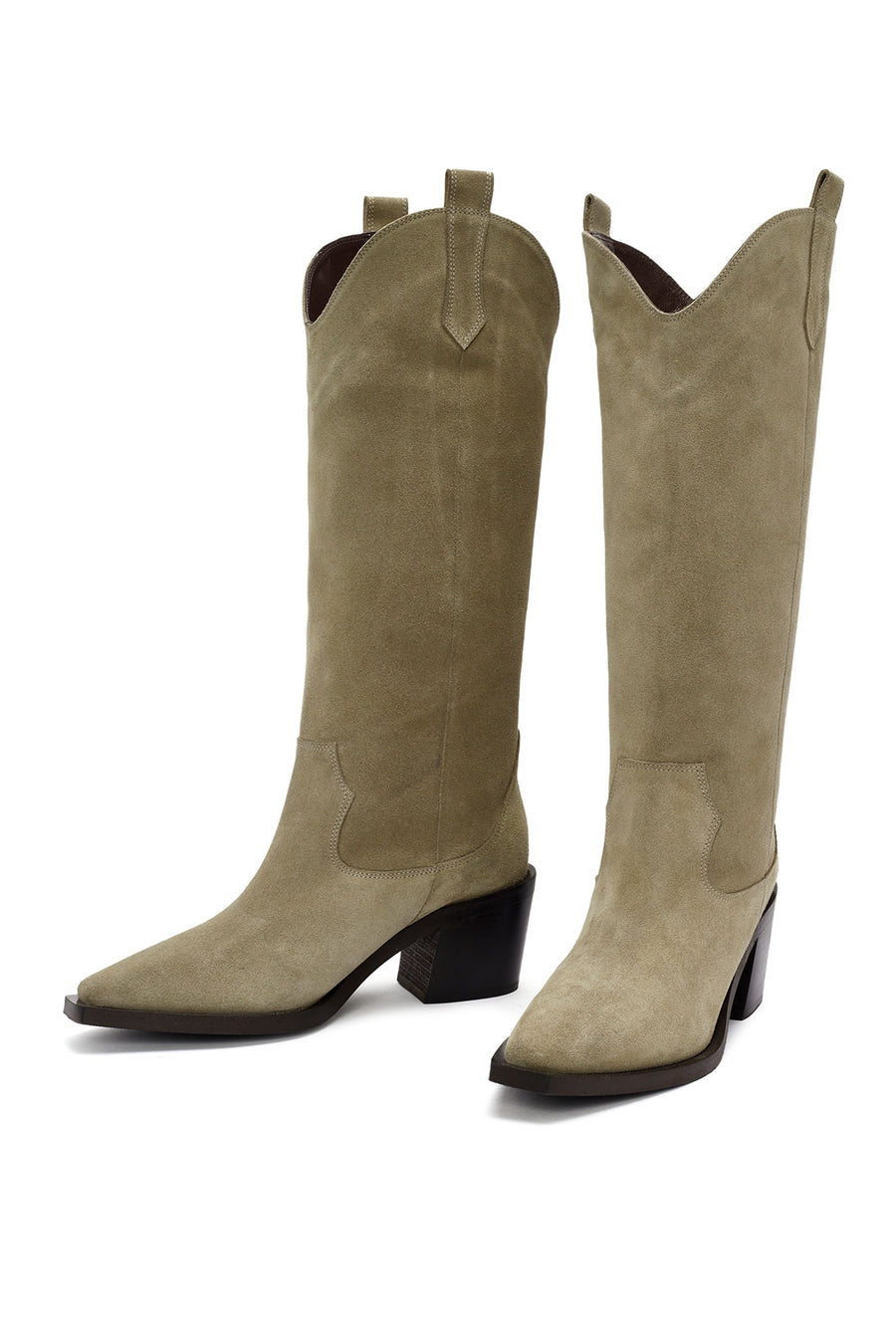 Women's Beige Chunky Heel Suede Leather Cowboy Boots