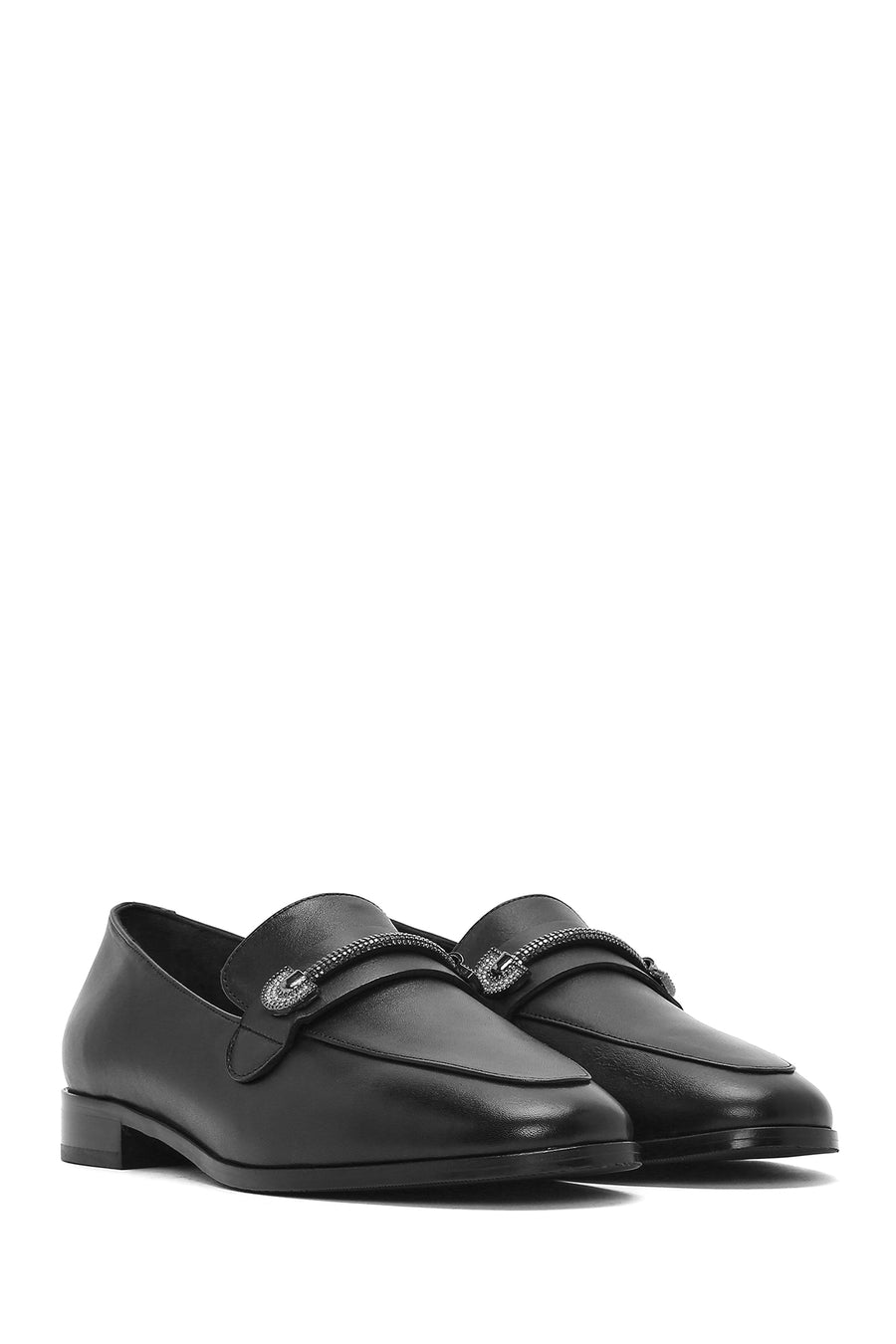 Kadın Siyah Tokalı Deri Maskülen Loafer