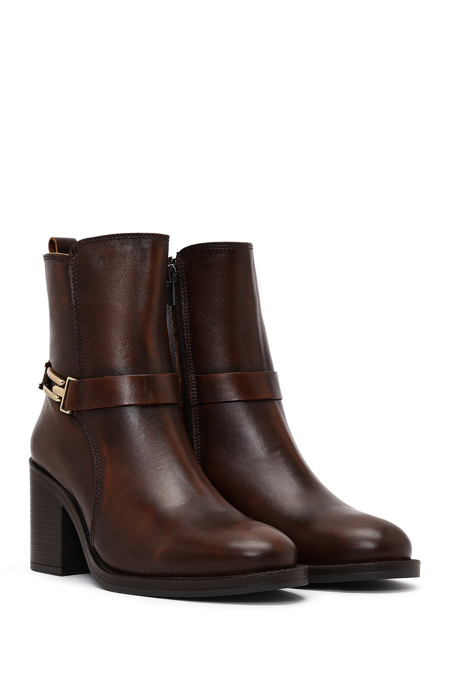 Women's Brown Buckle Chunky Heel Leather Boots