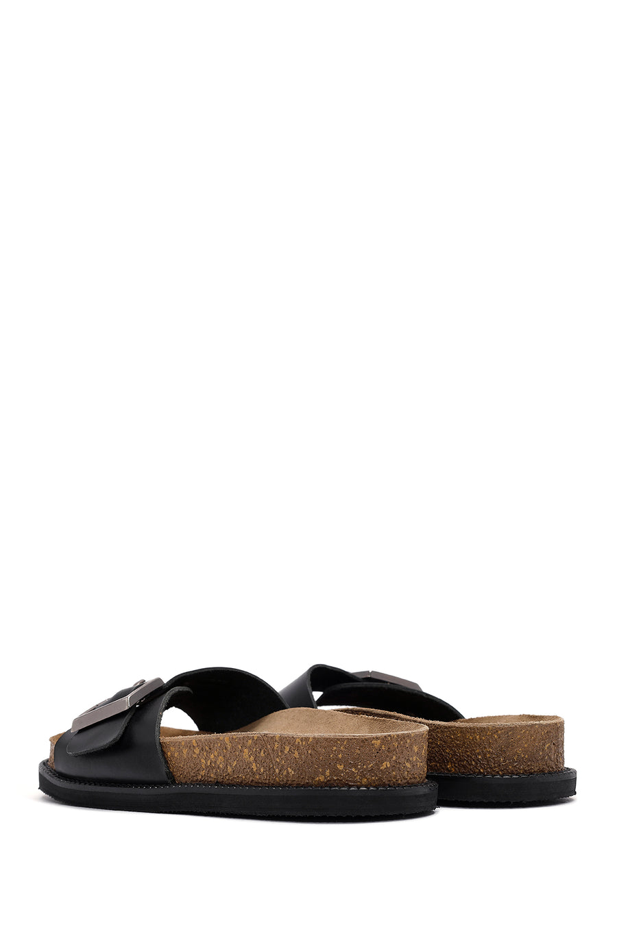 Women's Black Buckle Leather Slippers
