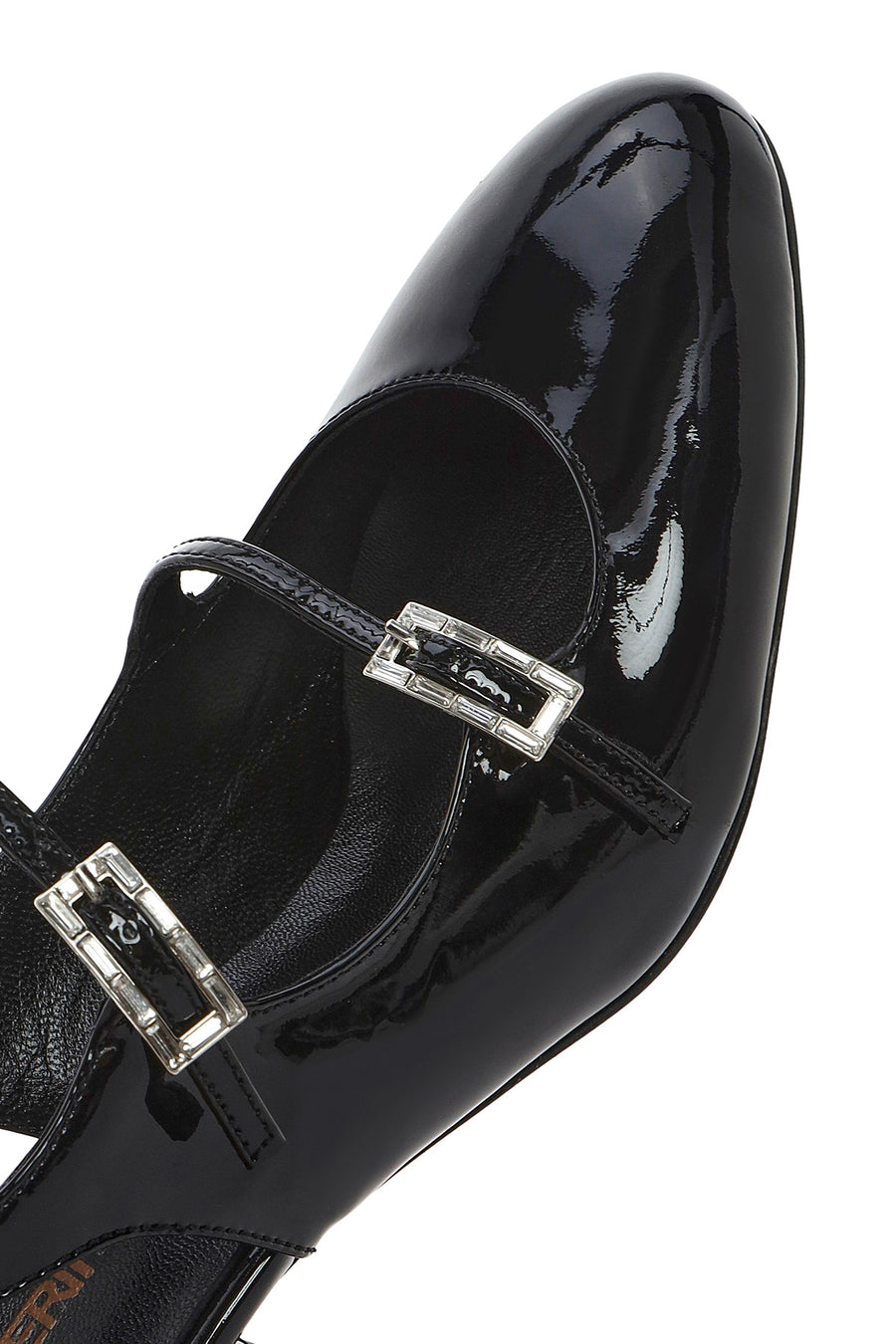 Women's Black Double Buckled Open Back Thick Heel Patent Leather Shoes