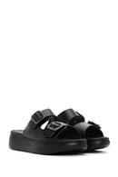 Women's Black Thick Sole Buckle Leather Slippers | Derimod