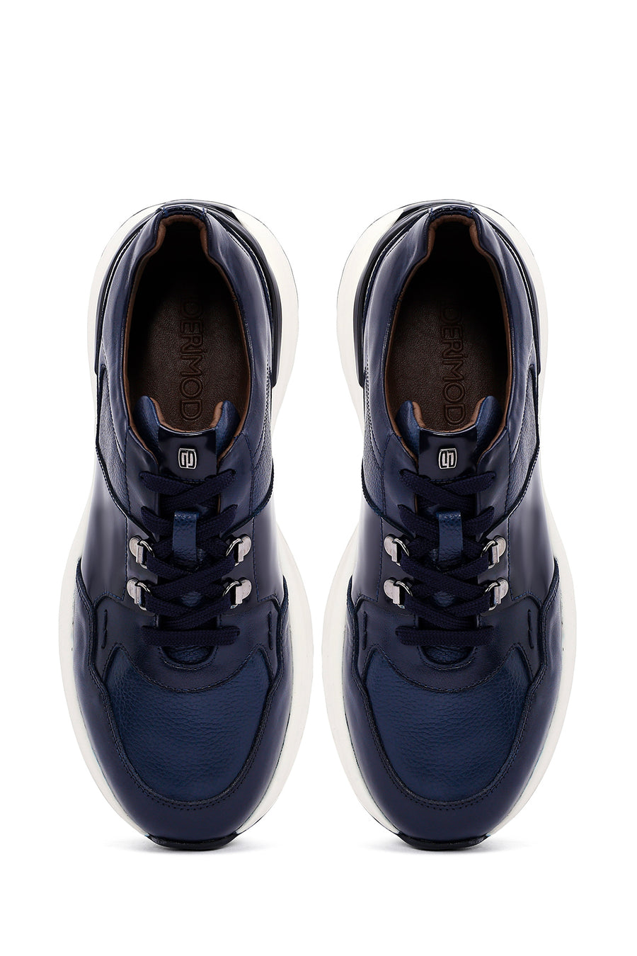 Men's Navy Blue Lace-Up Thick-Soled Leather Casual Sneakers
