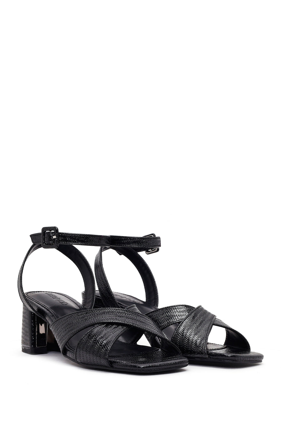 Woman Black Ankle-Buckle Printed Block-Heel Sandals