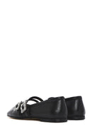 Women's Black Double Buckled Stoned Leather Ballerinas | Derimod