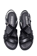 Women's Black Leather Flat Bodrum Sandals | Derimod