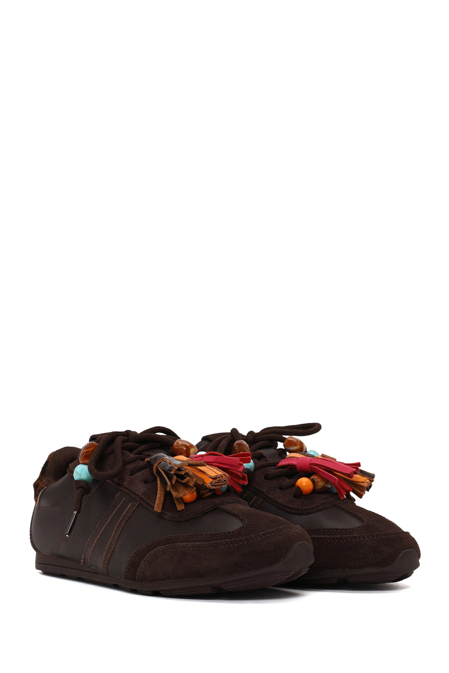 Woman Brown Lace-Up Leopard Leather Sneaker with Charm