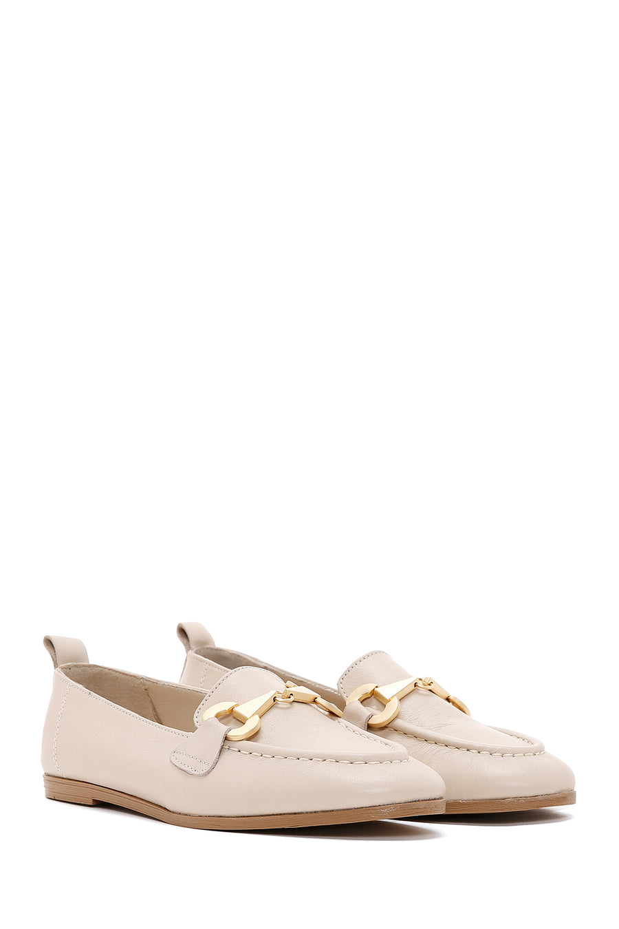 Women's Beige Buckled Leather Masculine Loafer