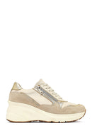 Woman Beige Lace-Up Zipper Detailed Wedge Heels Leather Sneakers | Derimod