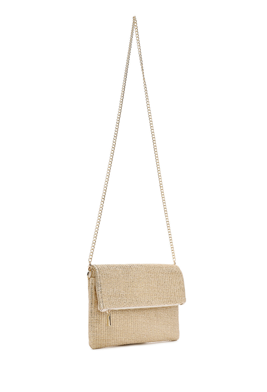 Women's Beige Chain Strap Woven Clutch Bag