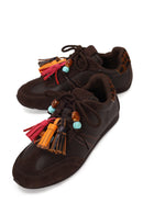 Woman Brown Lace-Up Leopard Leather Sneaker with Charm | Derimod