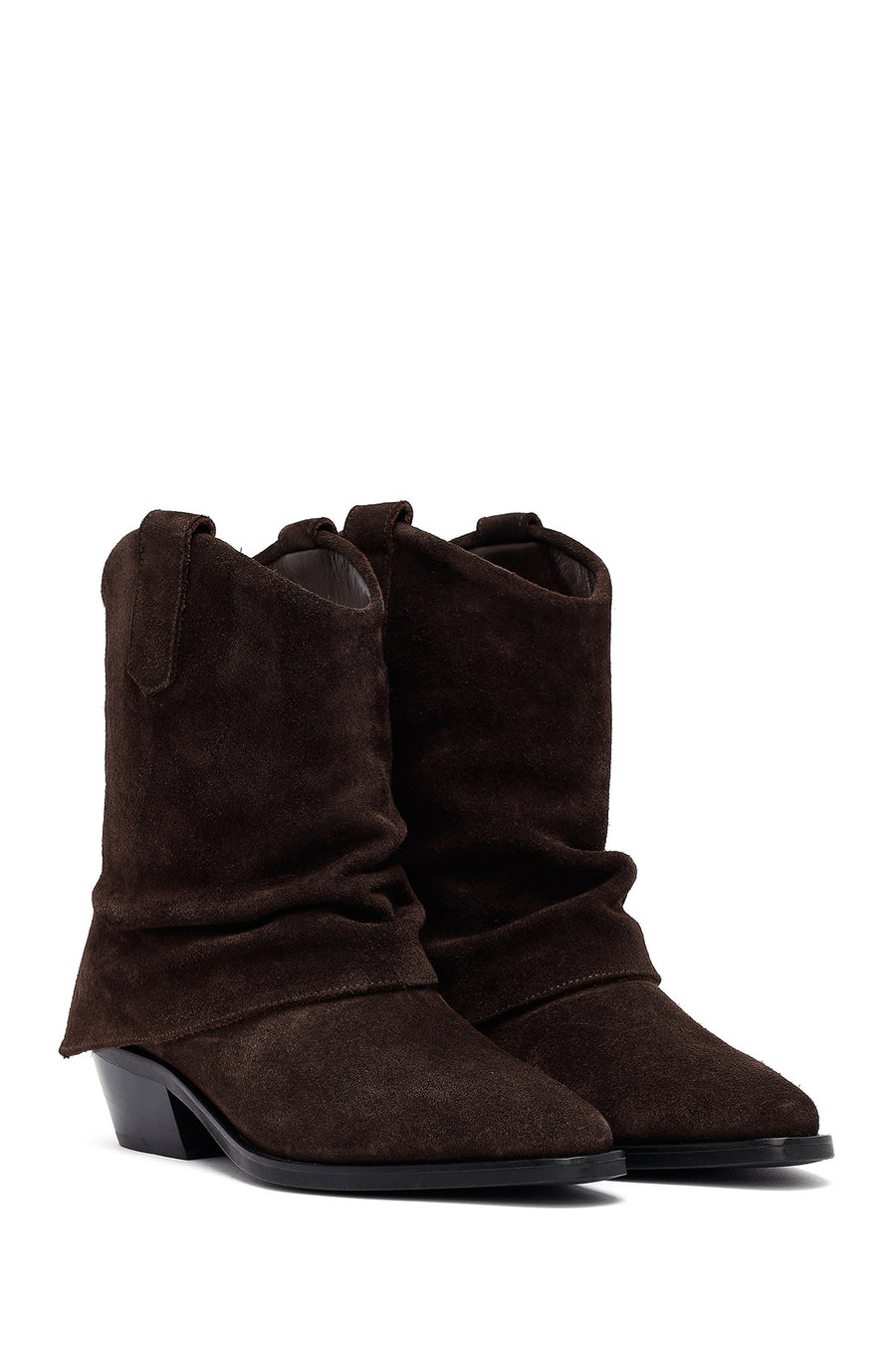 Woman Brown Low Chunky Heel Suede Leather Cowboy Boots