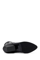 Woman Black Short Chunky Heel Leather Cowboy Boots | Derimod