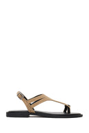 Woman Beige Buckled Toe-Post Suede Sandal | Derimod