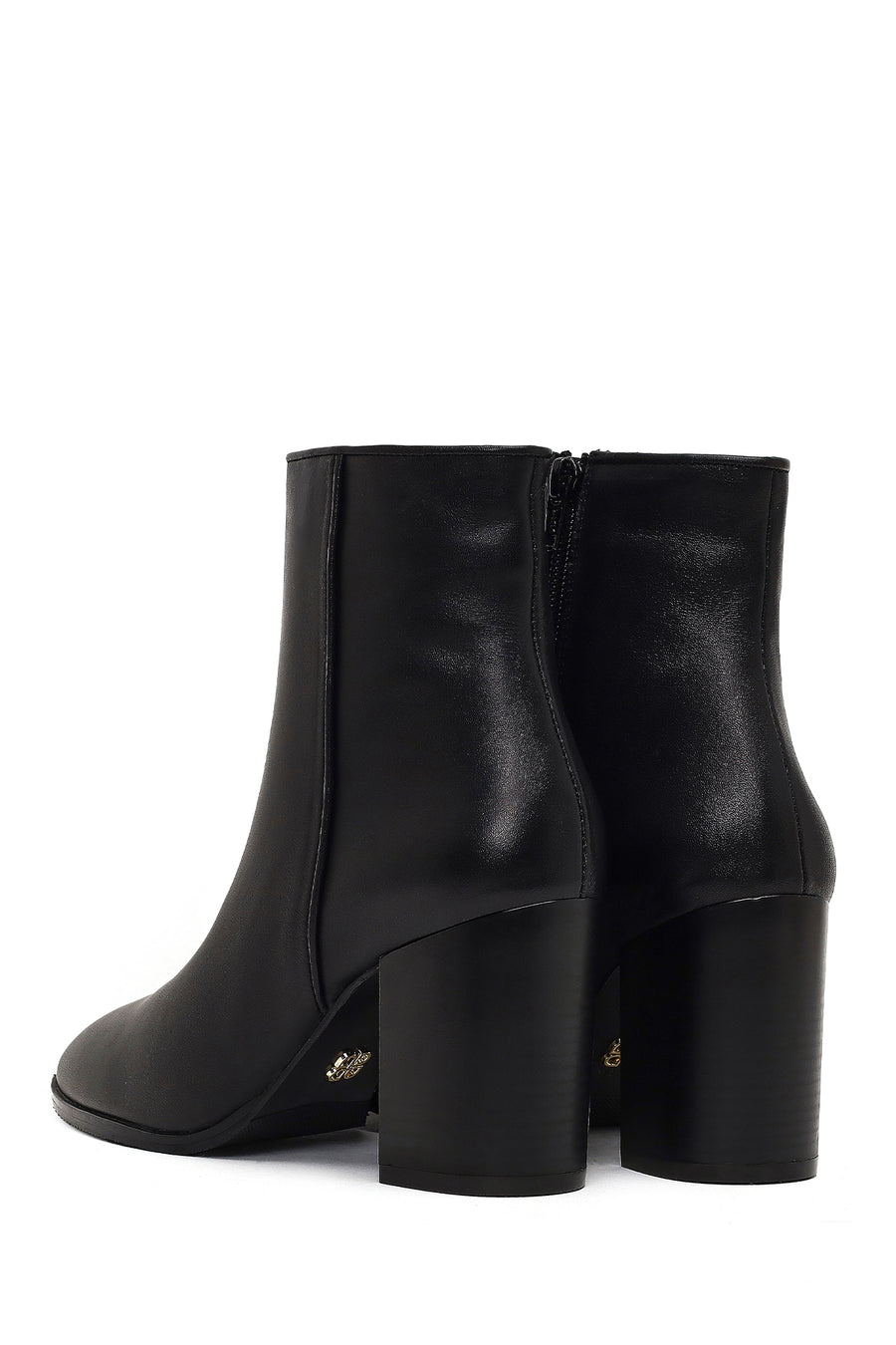 Woman Black Zip Closure Thick-Heeled Leather Boots
