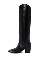Women's Black Leather Heeled Cowboy Boots | Derimod