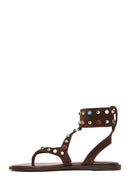 Woman Brown Embellished Toe-Post Suede Leather Sandals | Derimod
