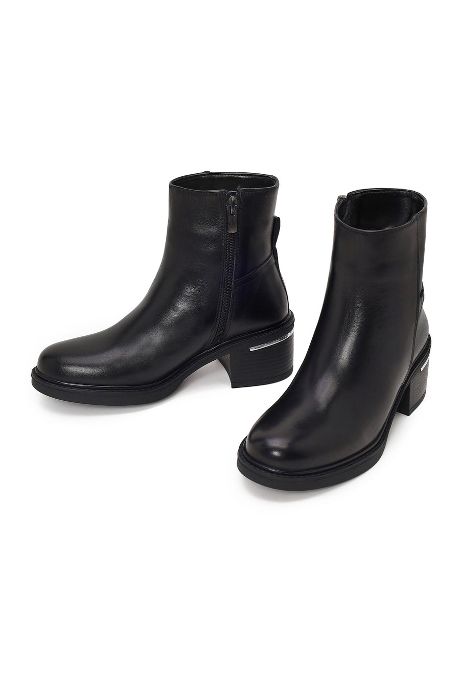 Woman Black Zip Closure Chunky-heeled Leather Boots