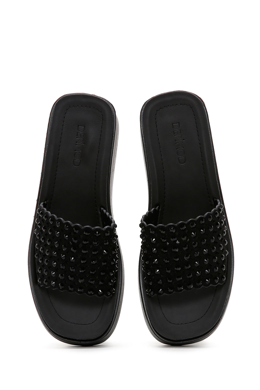 Woman Black Wedge-Heel Rhinestone Slippers