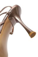 Women's Pink Ankle Buckle High Thin Heel Metallic Leather Sandals | Derimod