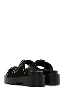 Women's Black Suede Double Buckle Thick Soled Slippers | Derimod