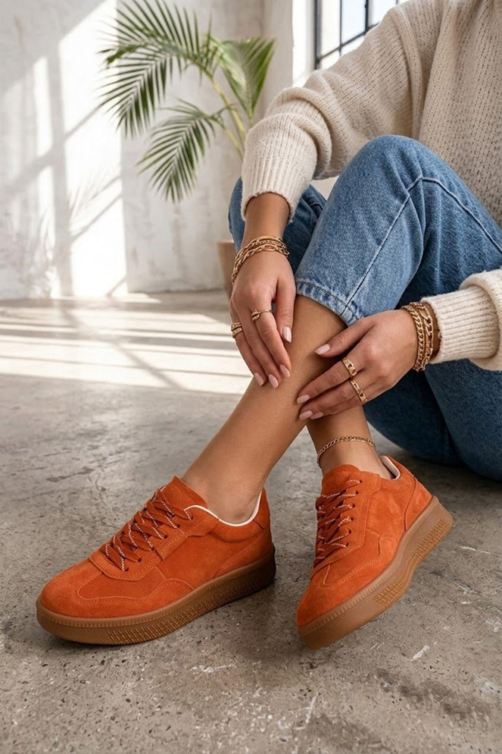 Kadın Turuncu Bağcıklı Süet Deri Sneaker