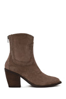 Woman Mink Zip Closure Thick-Heeled Suede Boots | Derimod
