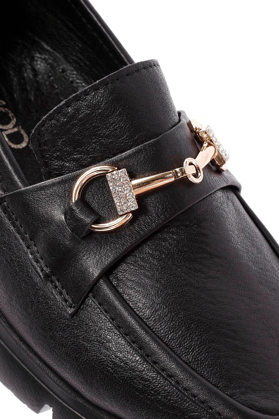Woman Black Buckle Detail Leather Comfort Loafer