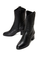 Women's Black Thick Heeled Leather Cowboy Boots | Derimod