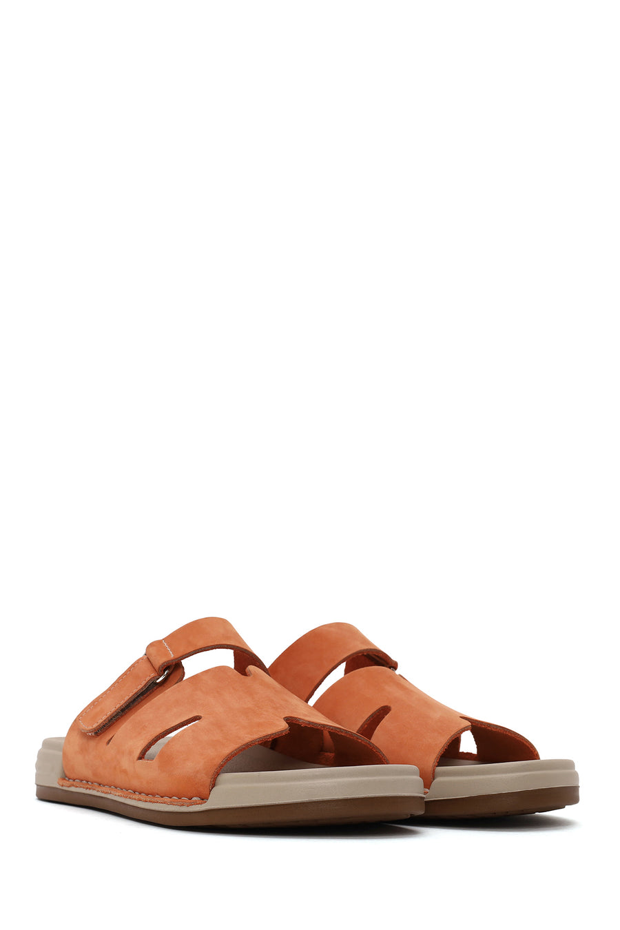Woman Orange Strapped Nubuck Leather Slipper